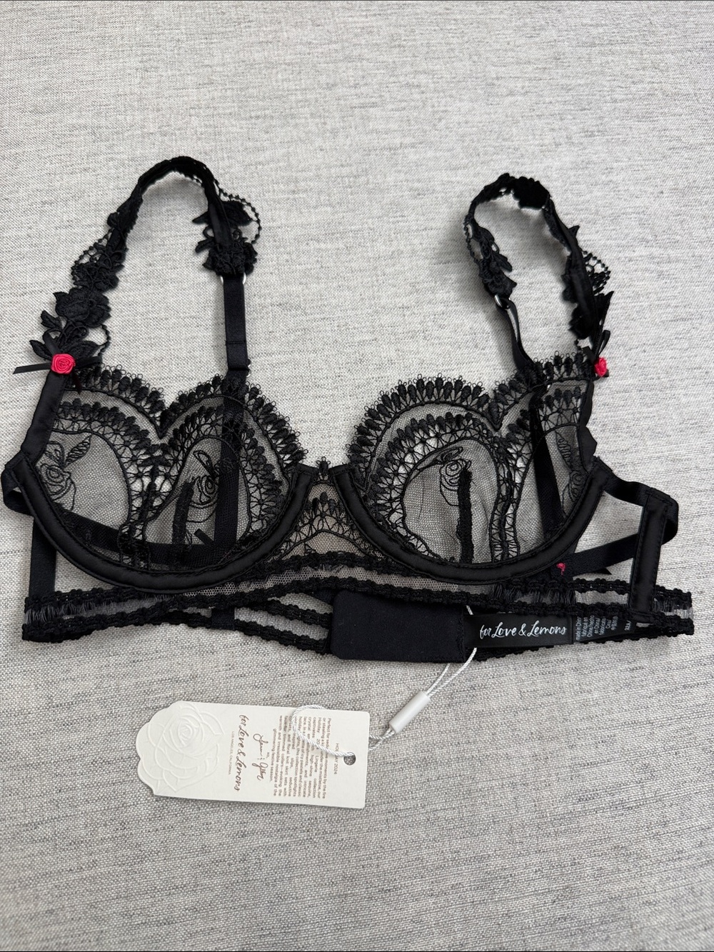 For Love And Lemons Black Lace Sheer Balconette Bra with Pink Rose Accents